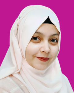 Hira Ashraf wearing a soft pink hijab, smiling warmly against a gradient purple background.