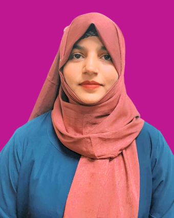 Jaiva Khan wearing a maroon hijab and blue outfit, looking confident against a vibrant purple background.