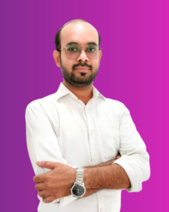 Kashif Raza wearing a white shirt and glasses, confidently posing against a gradient purple background.