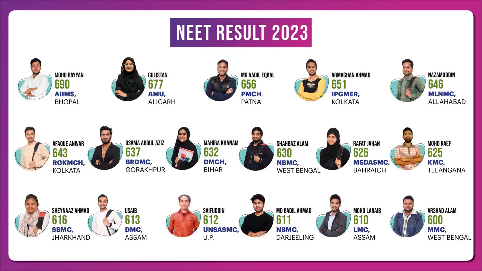 NEET 2023 results featuring top students from Talent Zone Academy with their scores and allocated medical colleges.