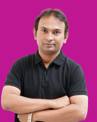 Razi Sir wearing a black polo t-shirt, arms crossed, with a confident expression against a purple background.