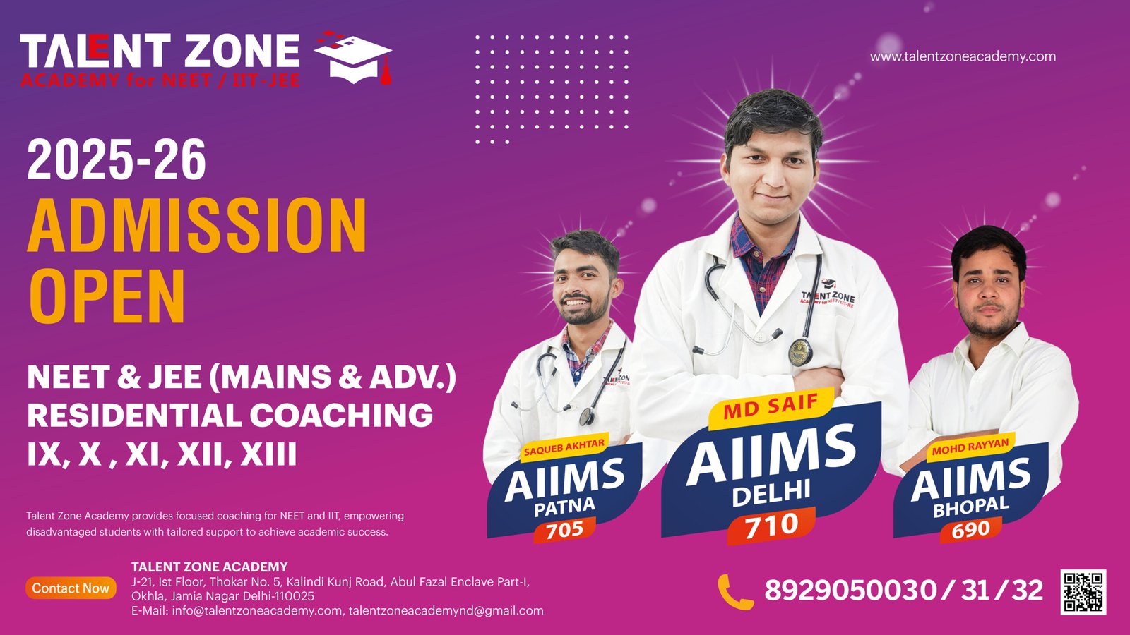 Talent Zone Academy admission poster for NEET and JEE residential coaching, featuring successful AIIMS students