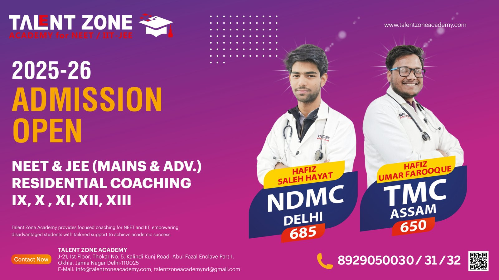 Talent Zone Academy admission poster featuring Hafiz students who excelled in NEET and JEE.